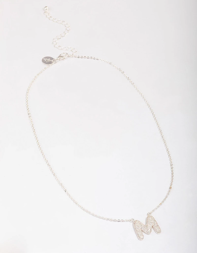 Silver Plated Letter M Pave Pendant  Necklace