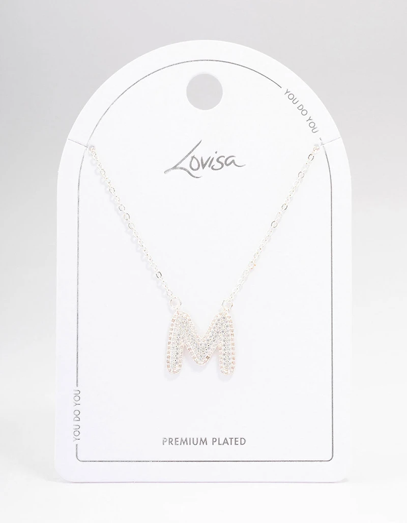Silver Plated Letter M Pave Pendant  Necklace