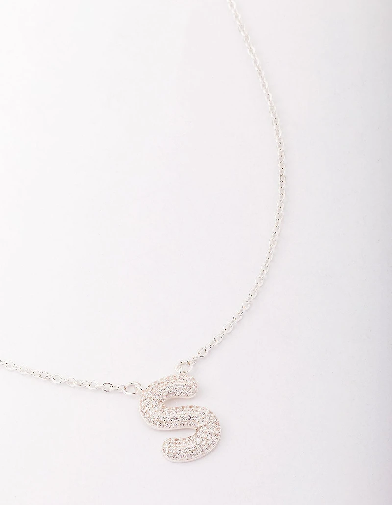 Silver Plated Brass Letter S Pave Pendant  Necklace