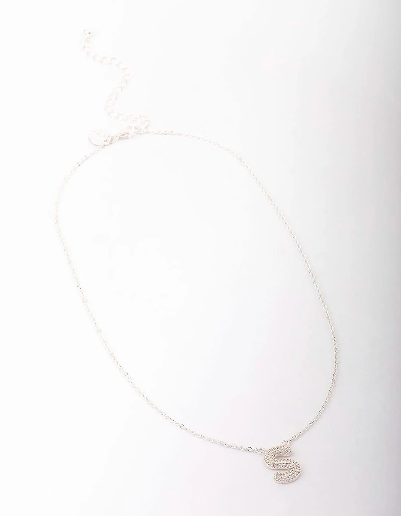 Silver Plated Brass Letter S Pave Pendant  Necklace
