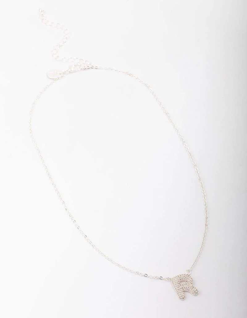 Letter R Silver Plated Pave Pendant Initial Necklace