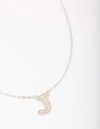 Silver Plated Letter J Pave Pendant  Necklace