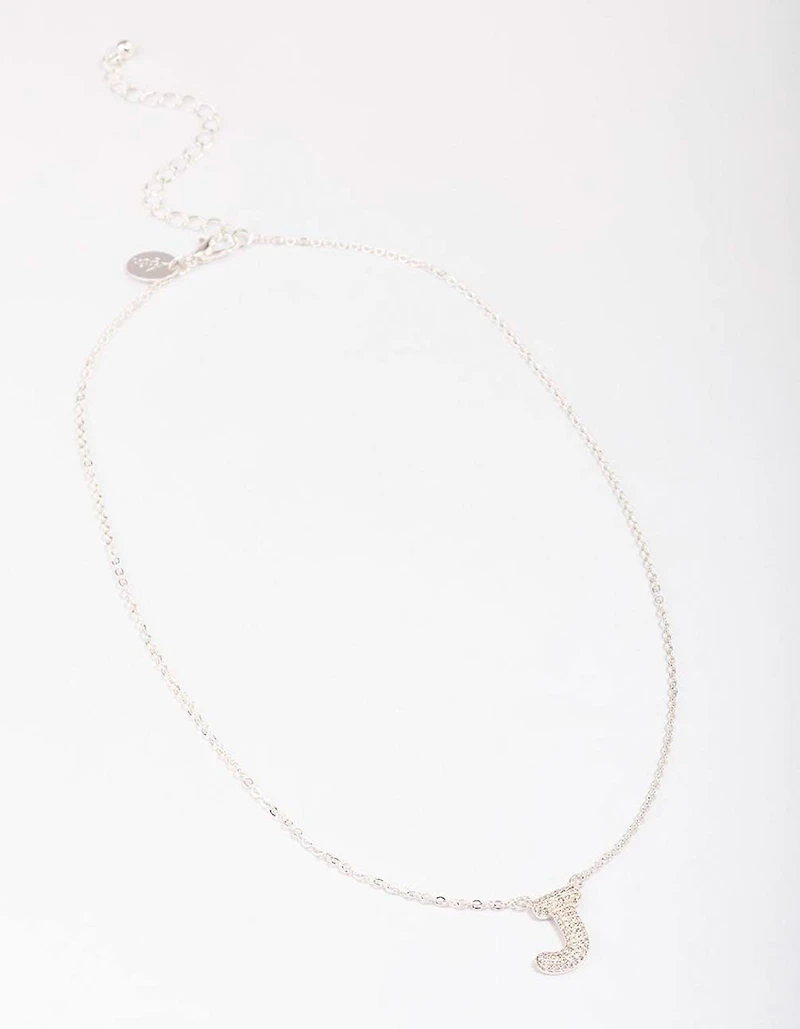 Silver Plated Letter J Pave Pendant  Necklace