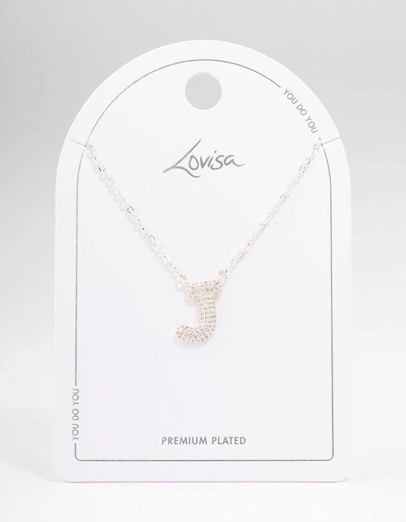 Silver Plated Letter J Pave Pendant  Necklace