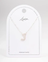 Silver Plated Letter J Pave Pendant  Necklace