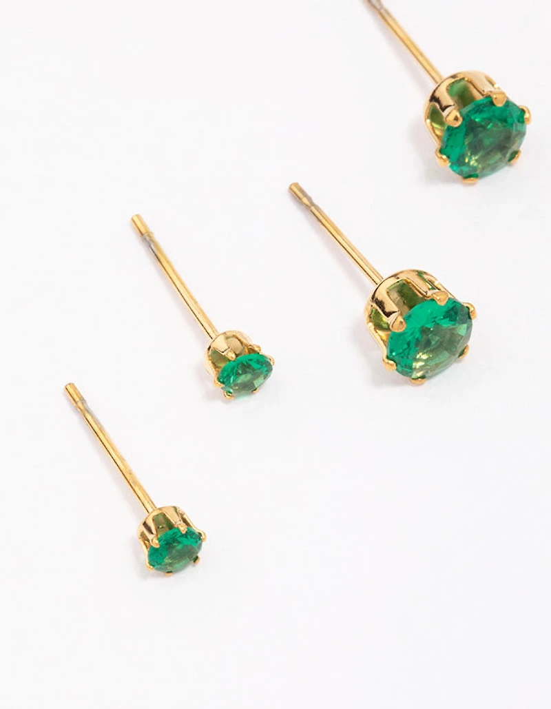 Waterproof Gold Plated Stainless Steel Emerald Cubic Zirconia Stud Earrings 3-Pack