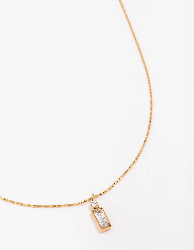 Waterproof Gold Plated Stainless Steel Thin Baguette Round Cubic Zirconia Pendant Necklace