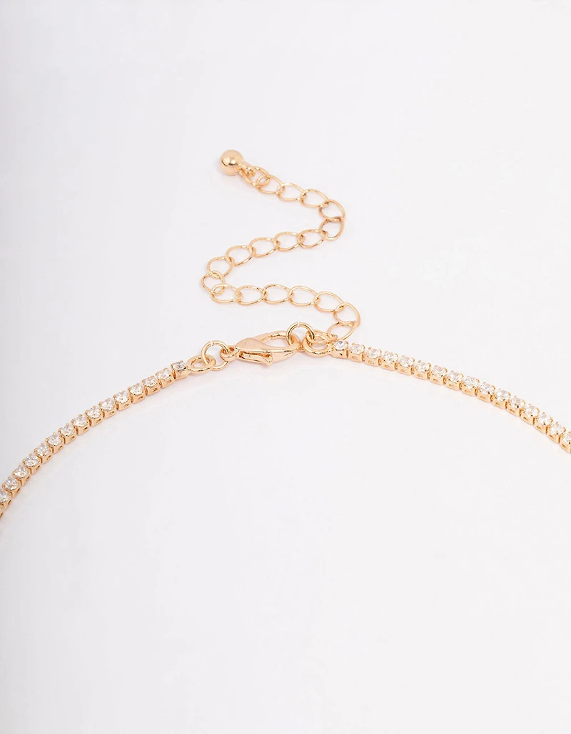 Gold Fine Ribbon Cubic Zirconia Lariat Necklace