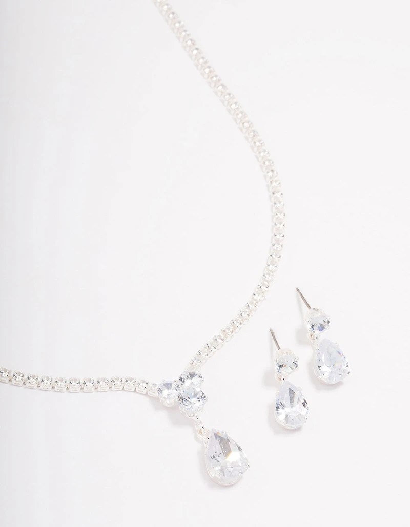 Silver Solitaire Necklace & Earring Jewellery Set