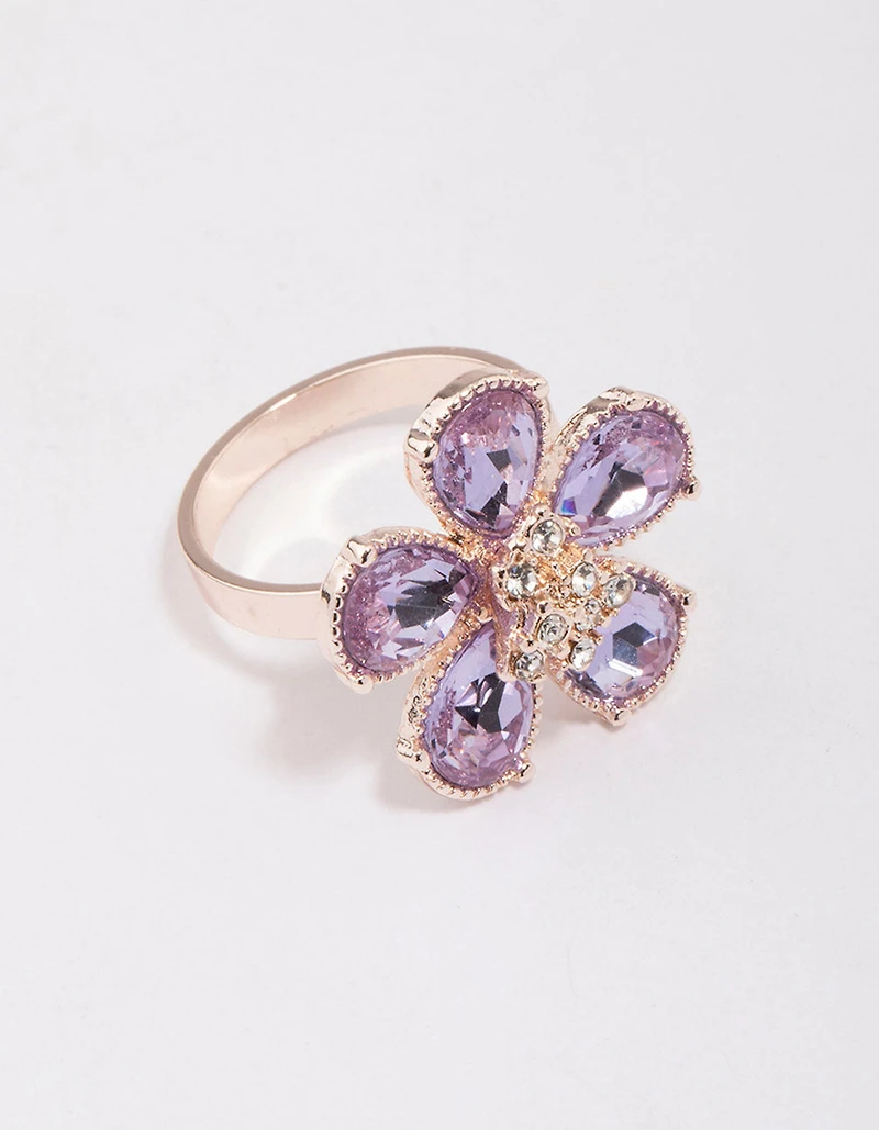 Anneau de pétales fleurs lilas en or rose