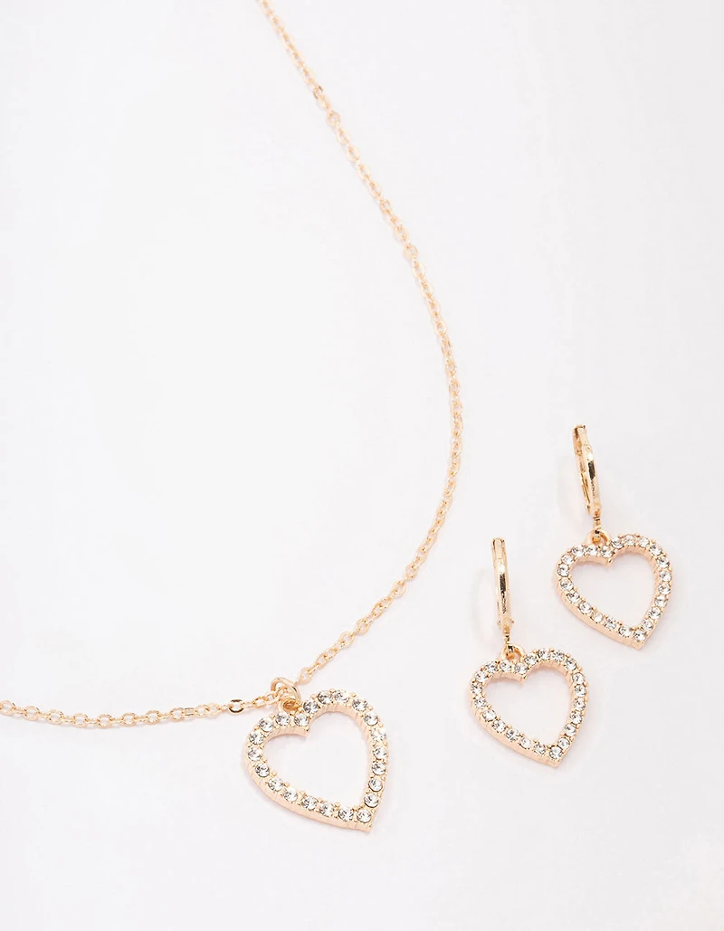 Gold Diamante Heart Necklace & Earring Jewellery Set