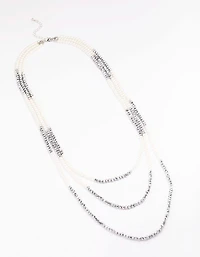 Silver Pearl Facet Layered Necklace