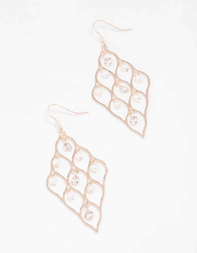 Rose Gold Diamond Cut Out Pearl Drop Earrings