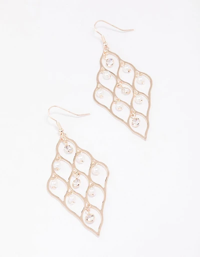 Rose Gold Diamond Cut Out Pearl Drop Earrings
