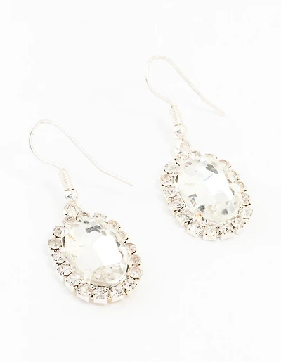 Silver Oval Halo Drop Earrings