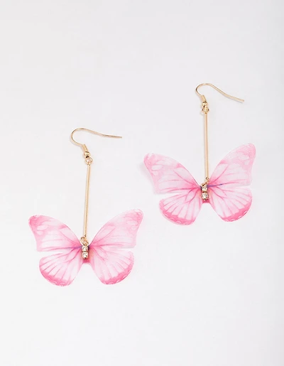 Gold & Pink Diamante Fabric Butterfly Drop Earrings