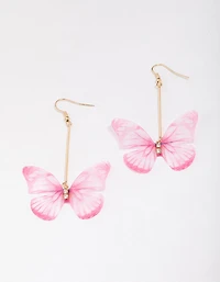 Gold & Pink Diamante Fabric Butterfly Drop Earrings