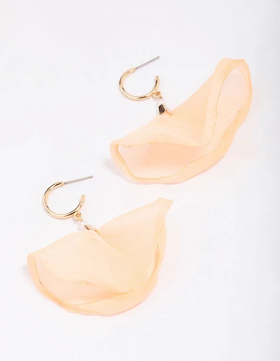 Gold Fabric Flower Huggie Drop Earrings