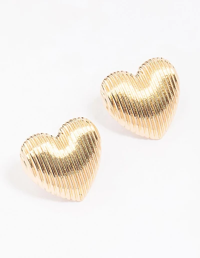 Gold Ribbed Heart Stud Earrings