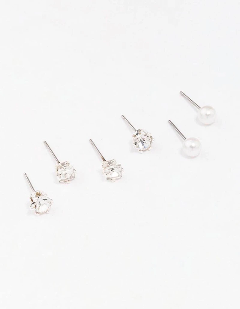 Silver Diamante & Pearl Stud Earring 3-Pack