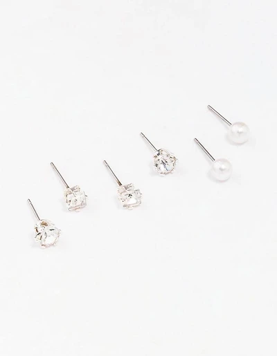 Silver Diamante & Pearl Stud Earring 3-Pack