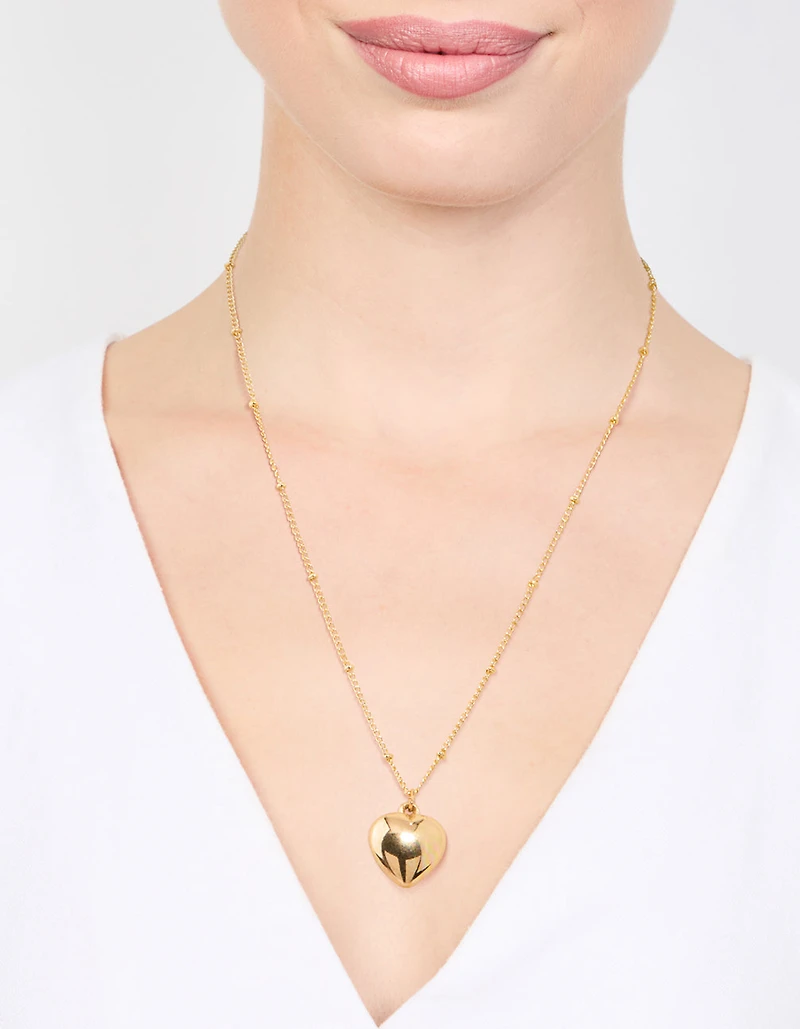 Gold Puffy Heart Ball Chain Pendant Necklace