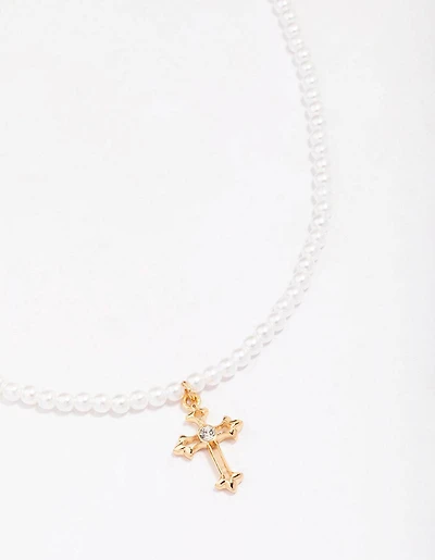 Gold Pearl Cross Pendant Necklace