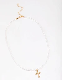 Gold Pearl Cross Pendant Necklace