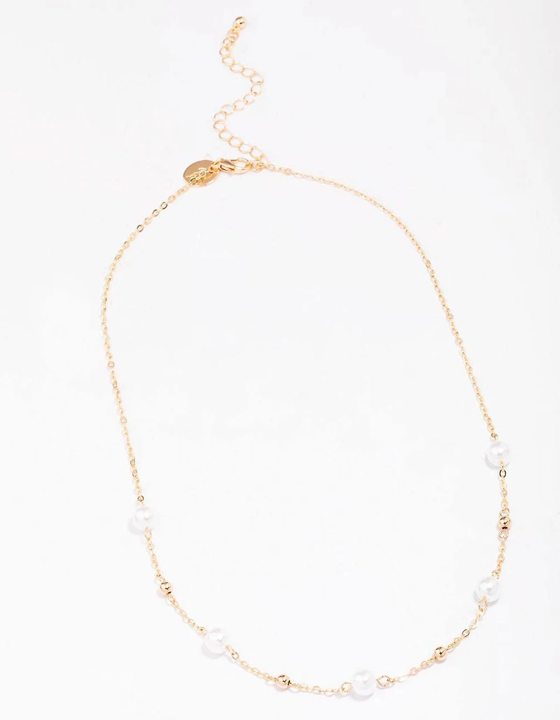 Gold Pearl & Ball Station Necklace