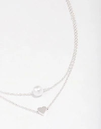 Silver Double Chain & Pearl Heart Layered Necklace