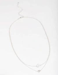 Silver Double Chain & Pearl Heart Layered Necklace