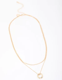 Gold Double Chain Circle Pendant Layered Necklace