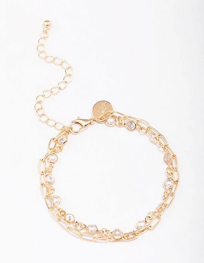 Gold Encased Pearl Link Bracelets 2-Pack