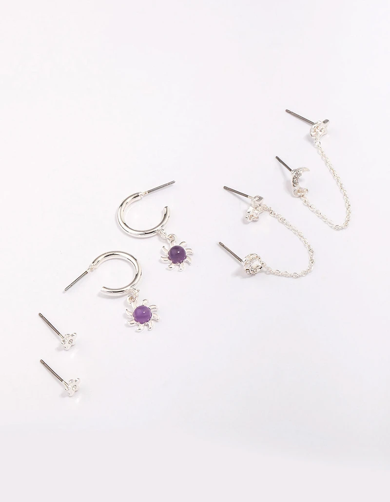 Silver Celestial Amethyst Chain Hoop Earring 4-Pack