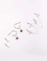 Silver Celestial Amethyst Chain Hoop Earring 4-Pack