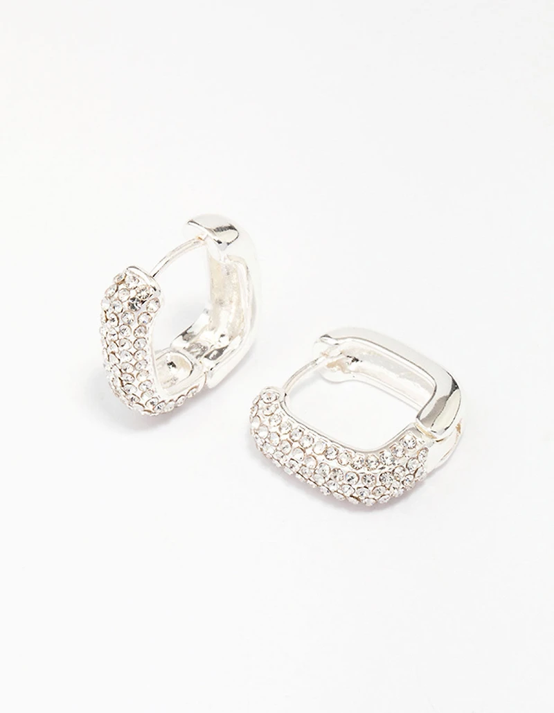 Silver Plated Square Pave Hoop Earrings