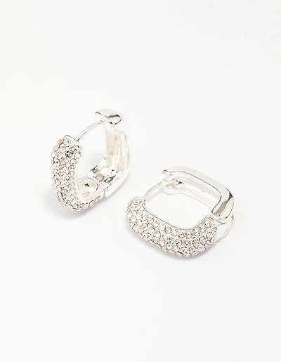 Silver Plated Square Pave Hoop Earrings