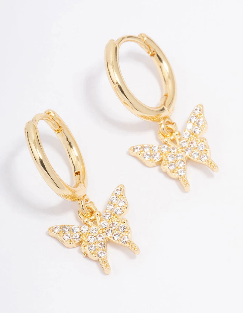 Gold Plated Cubic Zirconia Pave Butterfly Hoop Earrings