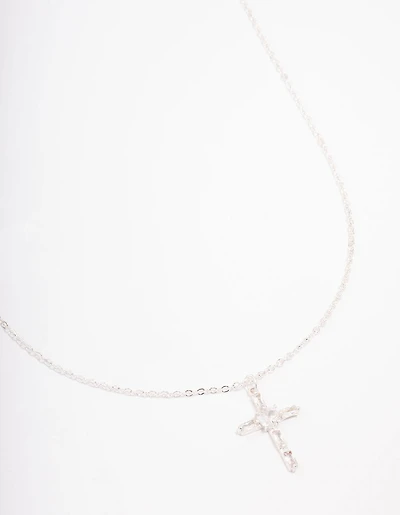 Silver Plated Cubic Zirconia Baguette Cross Pendant Necklace