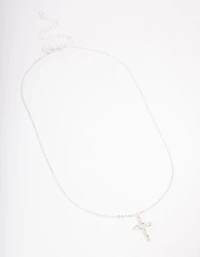 Silver Plated Cubic Zirconia Baguette Cross Pendant Necklace