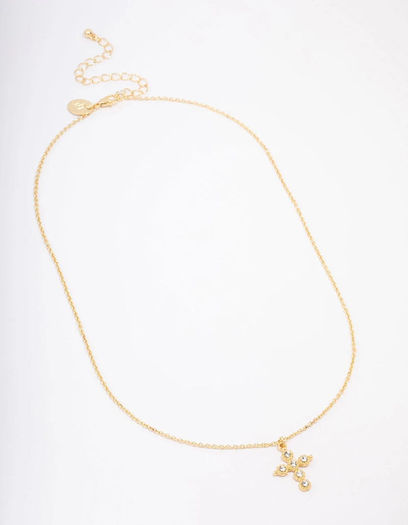 Gold Plated Diamante Round Cross Pendant Necklace