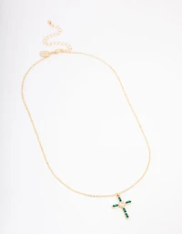 Gold Plated Emerald Cubic Zirconia Baguette Cross Pendant Necklace