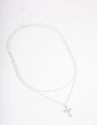 Silver Plated Chunky Cross Layered Necklace