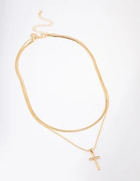 Gold Plated Plain Cross Snake Layered Necklace