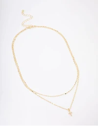 Gold Plated Cubic Zirconia Fine Cross Layered Necklace