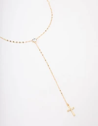 Gold Plated Cubic Zirconia Cross Lariat Necklace
