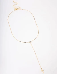 Gold Plated Cubic Zirconia Cross Lariat Necklace