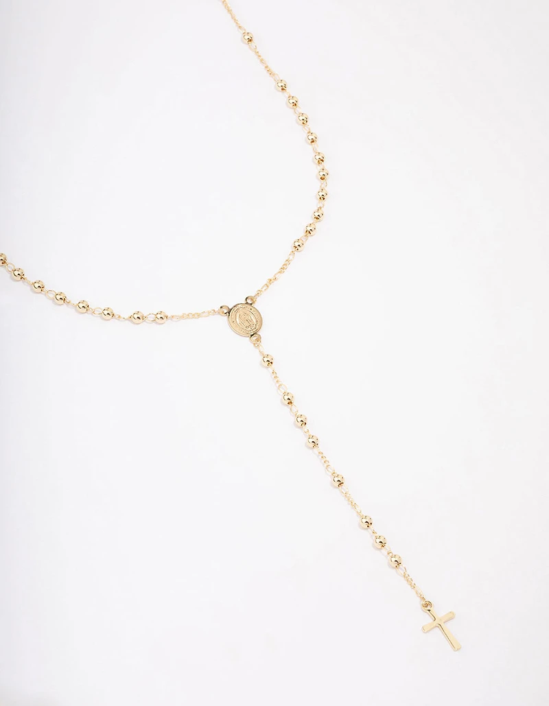 Gold Plated Coin & Cross Lariat Necklace