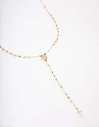 Gold Plated Coin & Cross Lariat Necklace