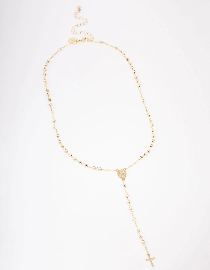 Gold Plated Coin & Cross Lariat Necklace